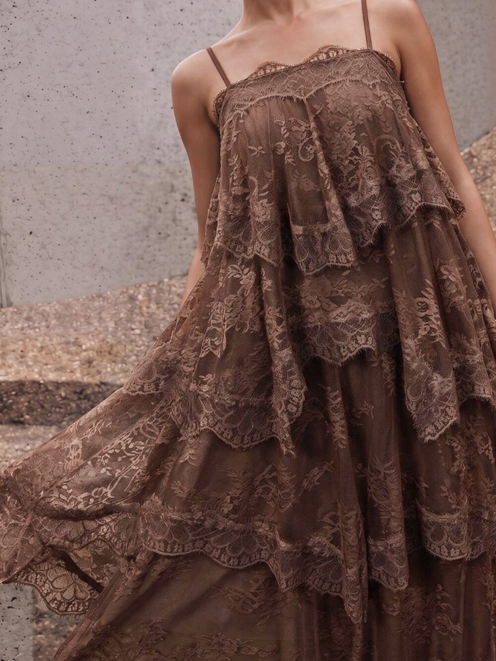Brown Party Women's Chiffon Ruched Contrast Lace Tiered Maxi Dress - Picture 3 of 5